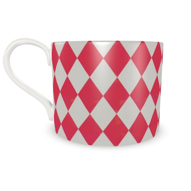 Vintage-Inspired Red Harlequin Coffee Cup - Fine Bone China