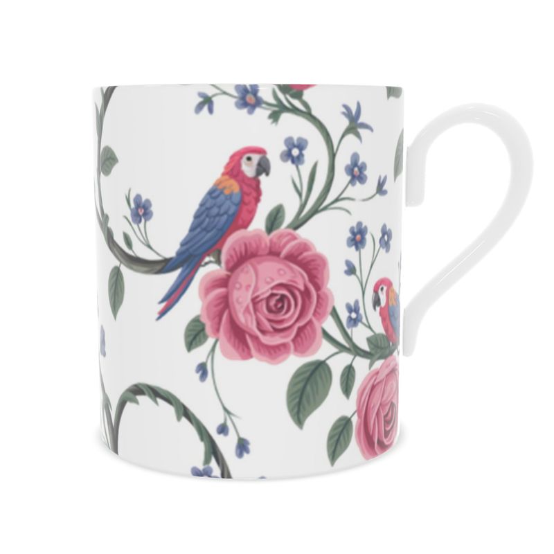 Vintage Floral Parrot Mug - Exotic Fine Bone China Mug