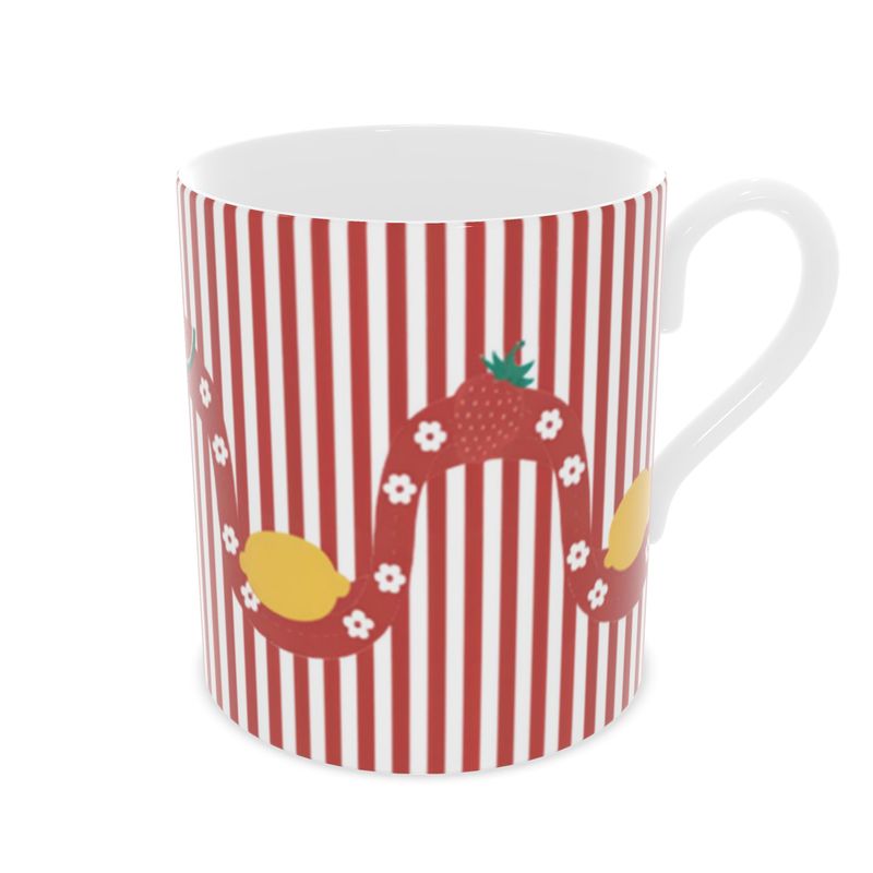Vibrant Citrus Fruit Mug with Red Stripes - Elegant Bone China