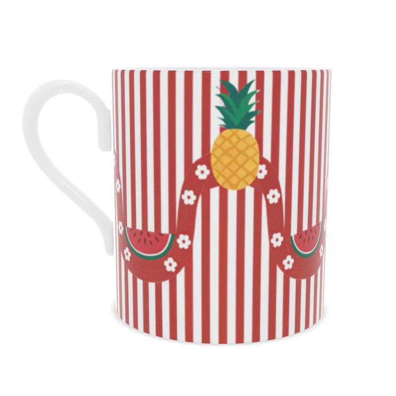 Vibrant Citrus Fruit Mug with Red Stripes - Elegant Bone China