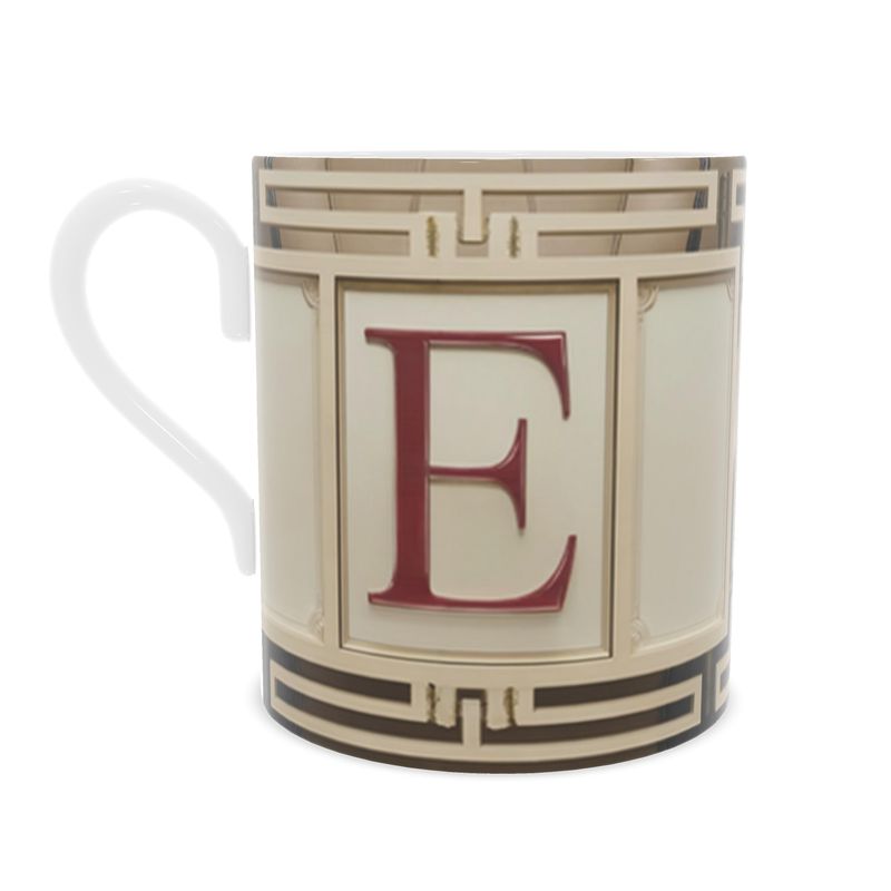 Elegant Red and Gold 'E' Alphabet Mug - Fine Bone China Coffee Cup