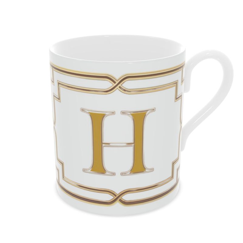 Fine Bone China Mug with Letter H Design in Chic White and Gold