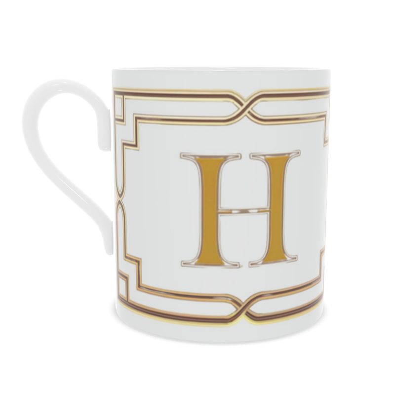Fine Bone China Mug with Letter H Design in Chic White and Gold