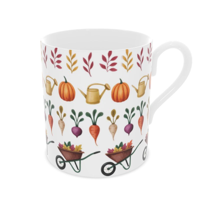 Elegant Bone China Mug with Autumn Garden Illustration - Gift for Gardeners