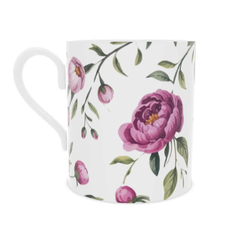 Pink Peony Floral Fine Bone China Mug - Elegant Tea Cup Gift