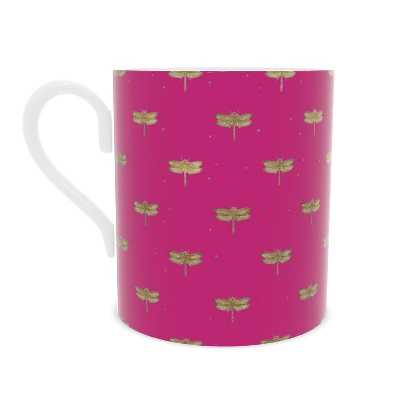 Delicate Dragonfly Design Fuchsia Fine Bone China Mug - Perfect for Tea Lovers