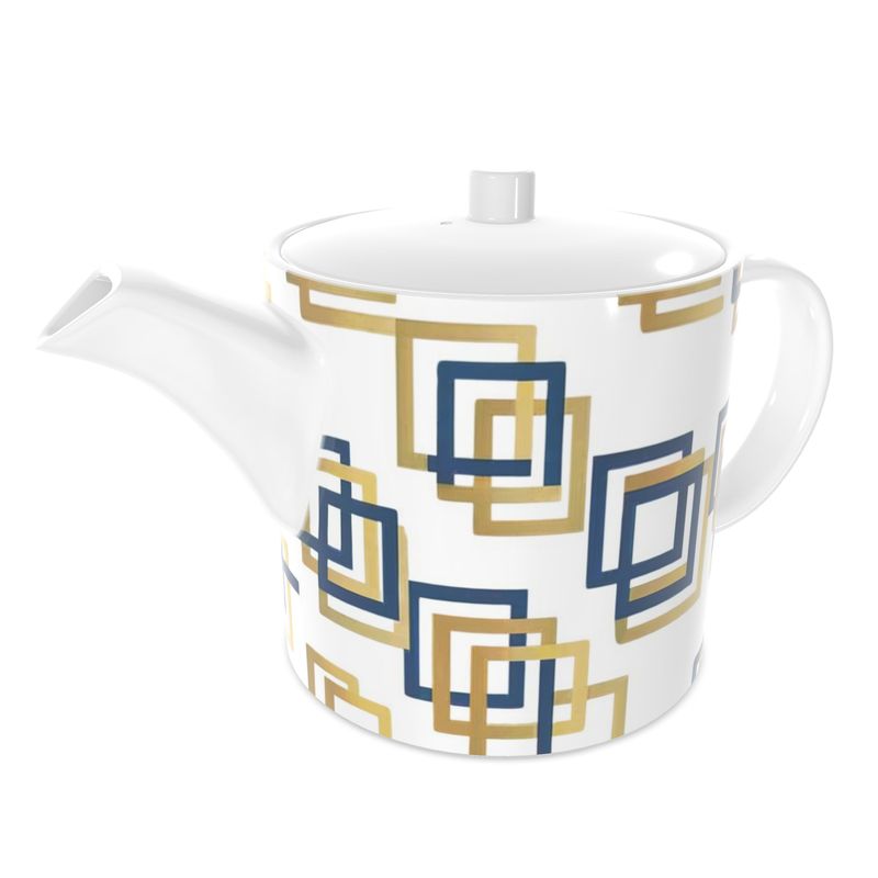 Luxury Capri Blue Gold Tea Pot - Geometric Bone China Design