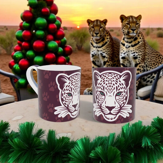 Unique Burgundy Christmas Mug with Leopard Print - Elegant Bone China