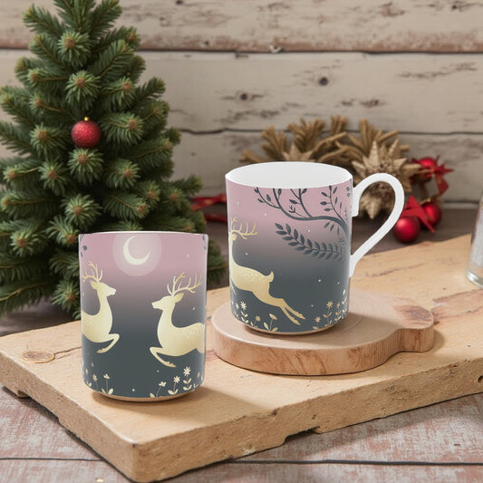 Winter Wonderland Highland Stags Mug - Christmas Deer Bone China Cup
