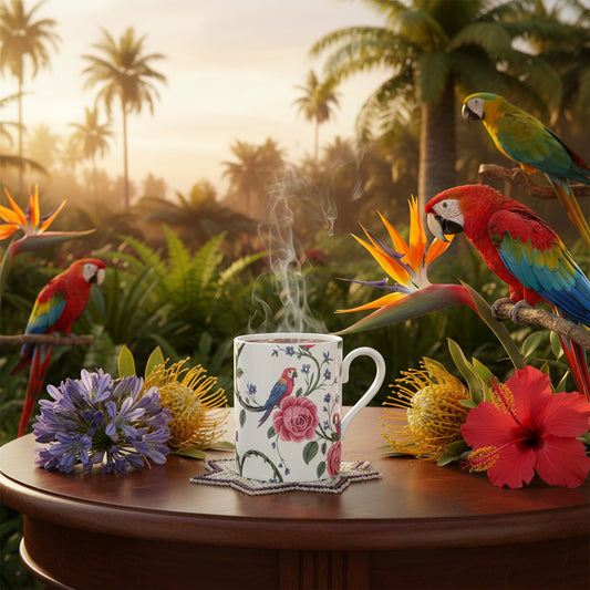 Vintage Floral Parrot Mug - Exotic Fine Bone China Mug