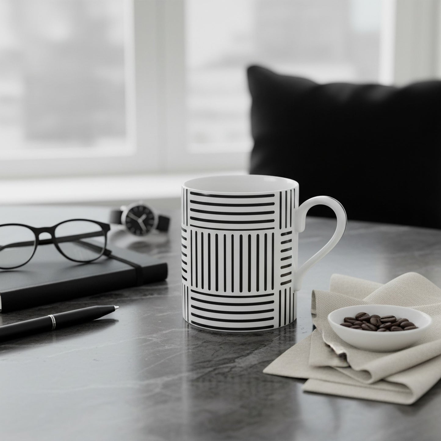 Modern Striped Bone China Coffee Cup - Stylish Black & White Design