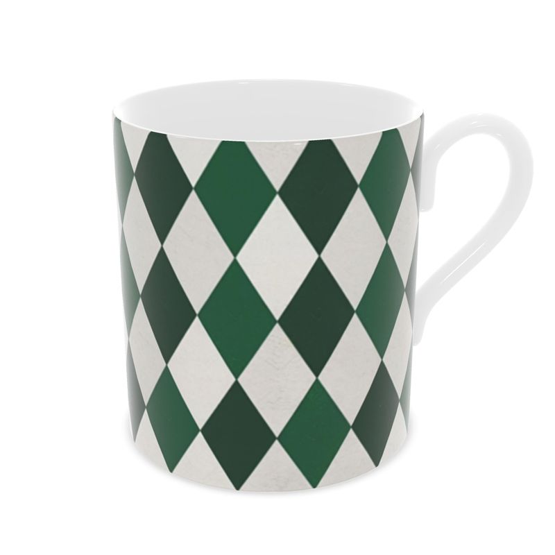Luxurious Emerald Green Harlequin Fine Bone China Mug - Designer Tea Cup