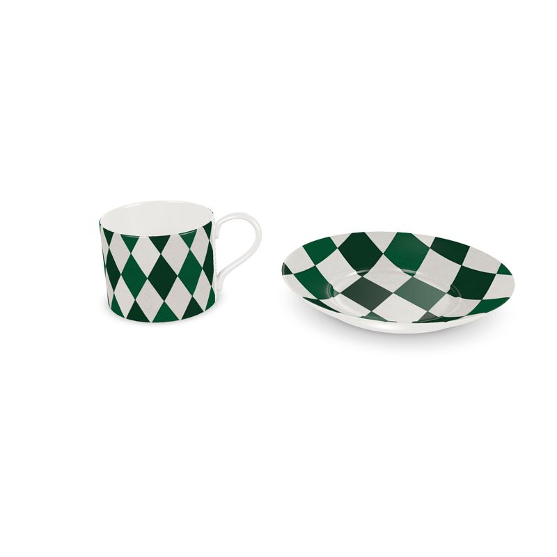 Luxury Emerald Green Designer Fine Bone China Coffee Cup - Harlequin Pattern
