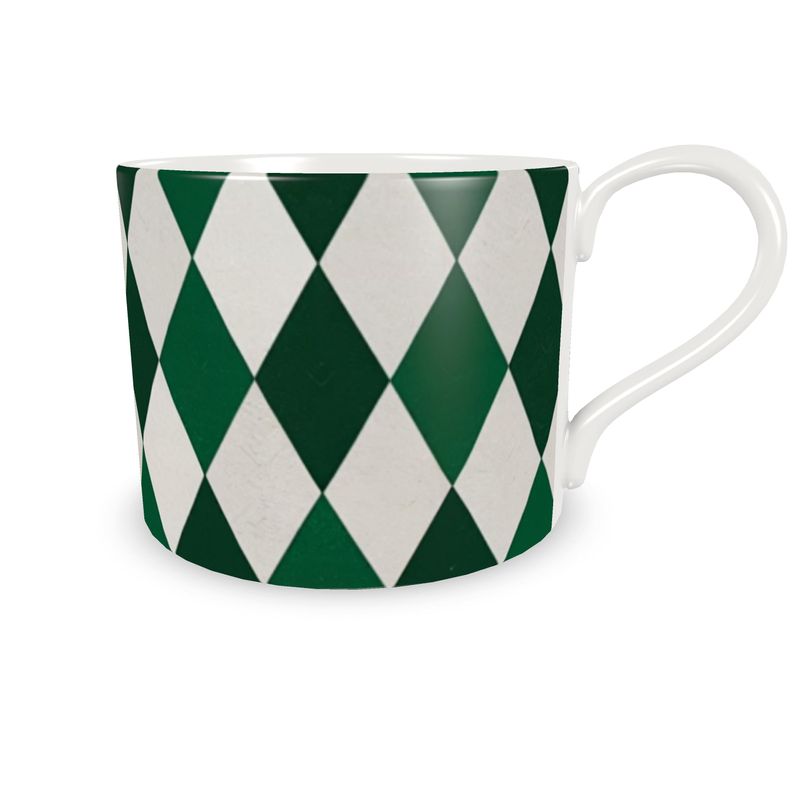 Luxury Emerald Green Designer Fine Bone China Coffee Cup - Harlequin Pattern