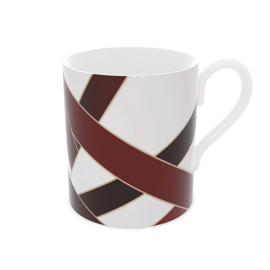High-end Bone China Mug with Striking Burgundy and Gold Ribbon Design