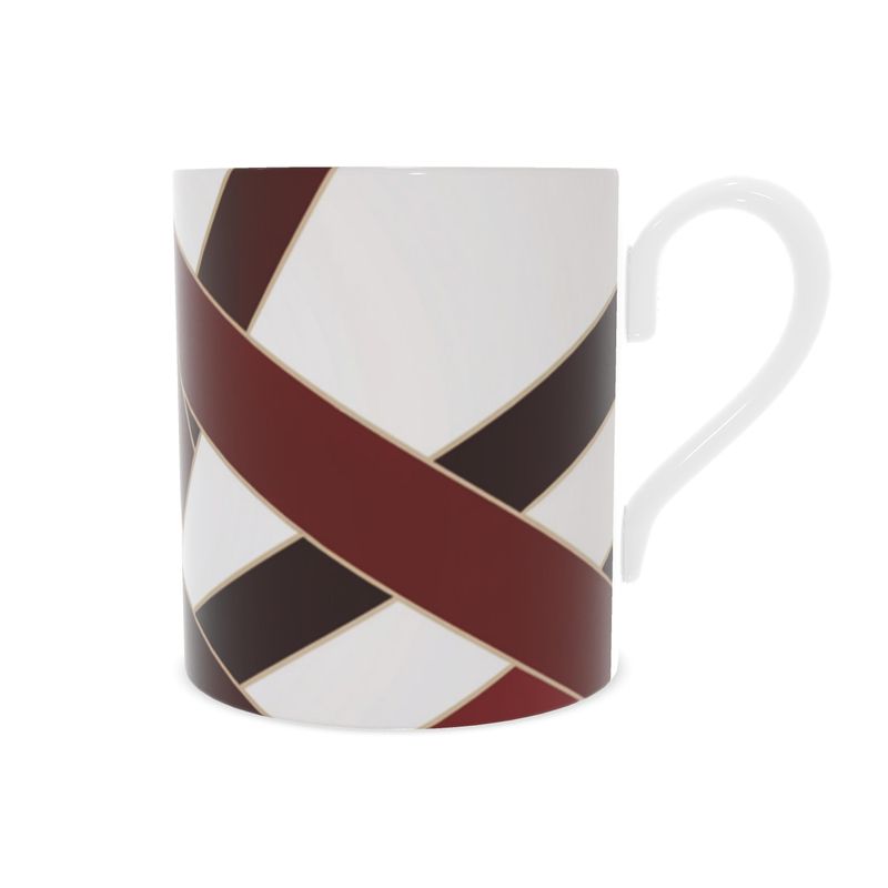 High-end Bone China Mug with Striking Burgundy and Gold Ribbon Design