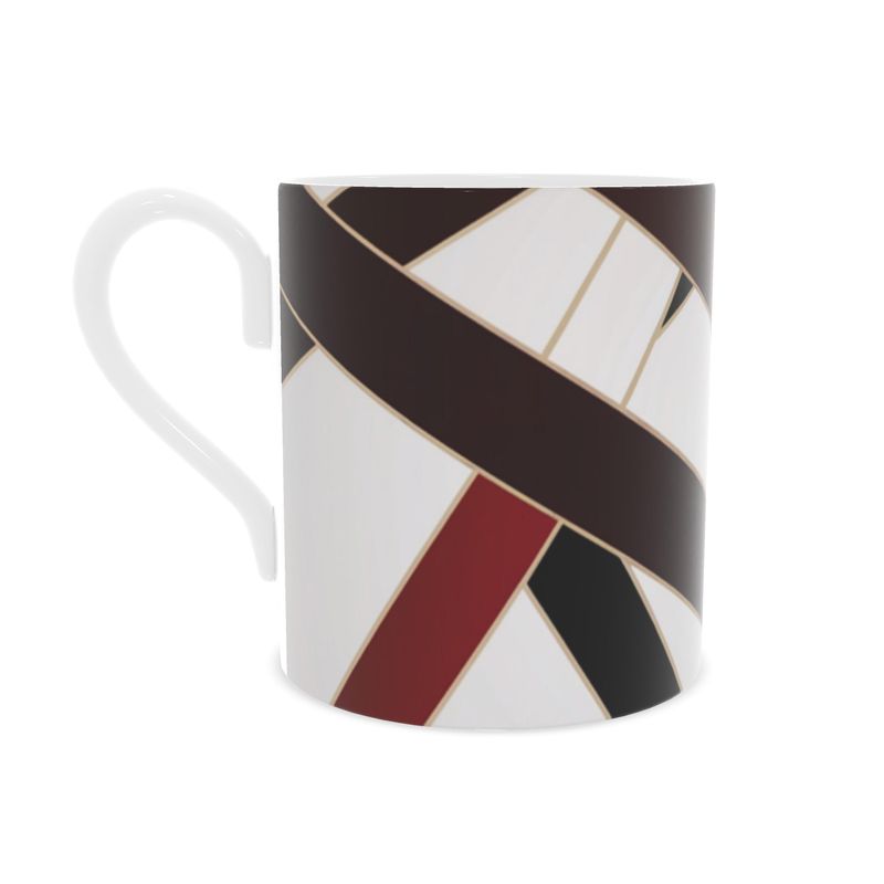 High-end Bone China Mug with Striking Burgundy and Gold Ribbon Design
