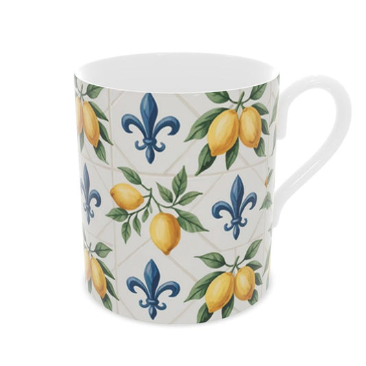 Lemon Patterned Fine Bone China Mug - Mediterranean-Inspired Drinkware