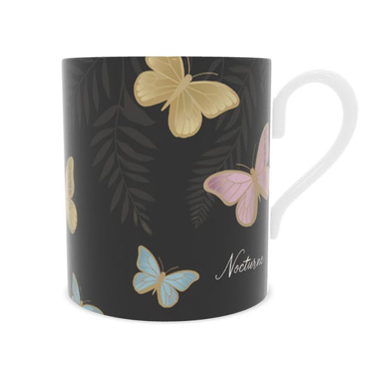 Designer Fine Bone China Mug with Black Butterfly Decal - Luxury Drinkware