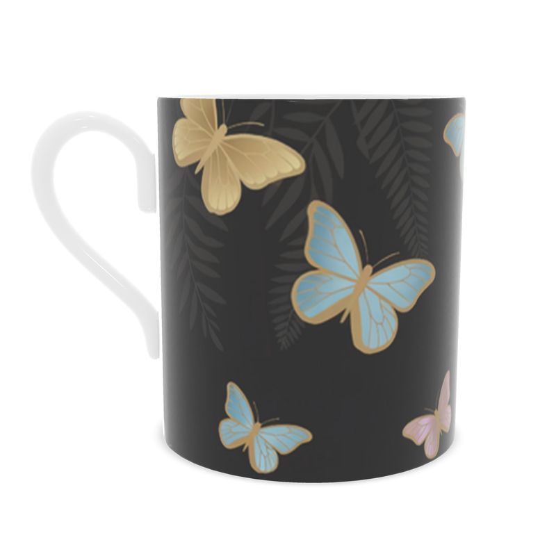 Designer Fine Bone China Mug with Black Butterfly Decal - Luxury Drinkware