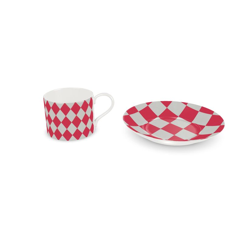 Vintage-Inspired Red Harlequin Coffee Cup - Fine Bone China