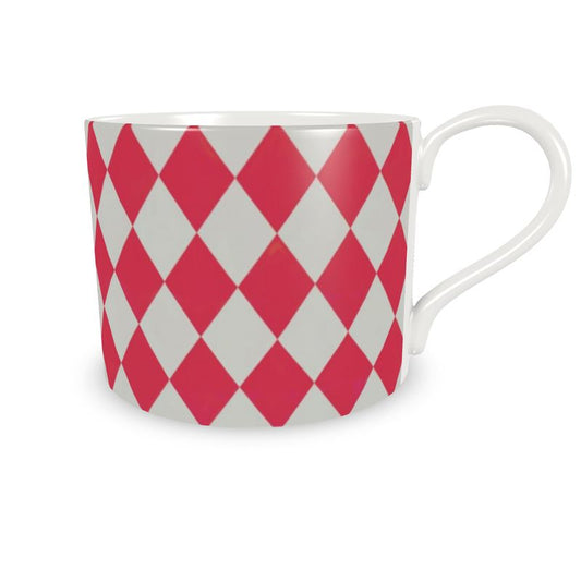 Vintage-Inspired Red Harlequin Coffee Cup - Fine Bone China