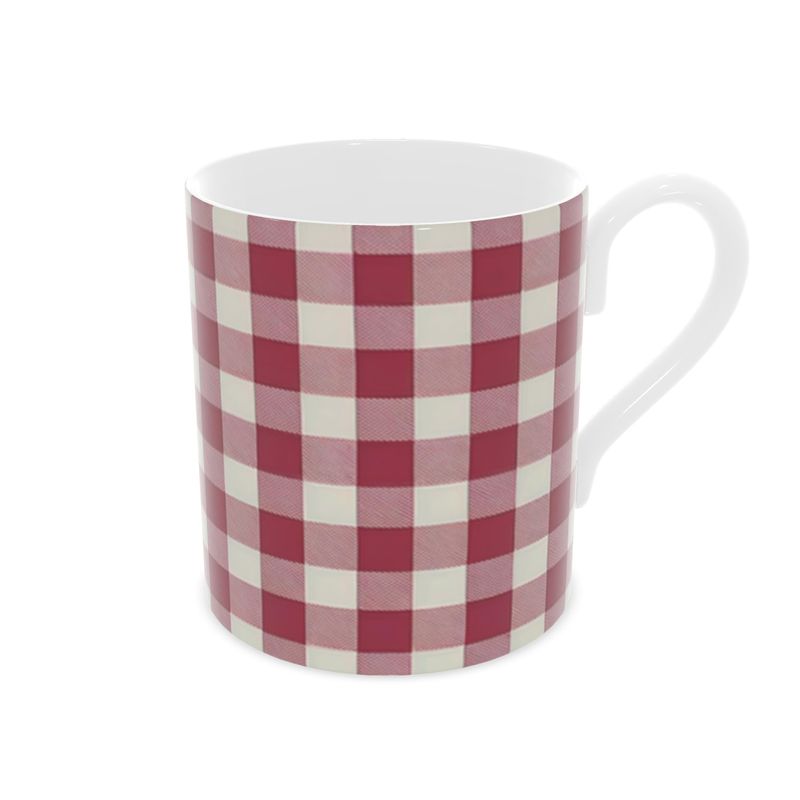 Retro Red Gingham Mug - Vintage Bone China Tea Cup