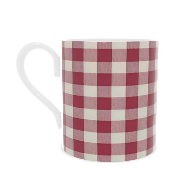 Retro Red Gingham Mug - Vintage Bone China Tea Cup