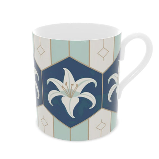 Elegant Blue Floral Tea Mug - Designer Fine Bone China