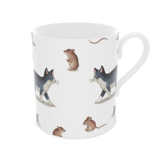 Playful Cat and Mouse Fine Bone China Mug - Whimsical Gift for Cat Lovers
