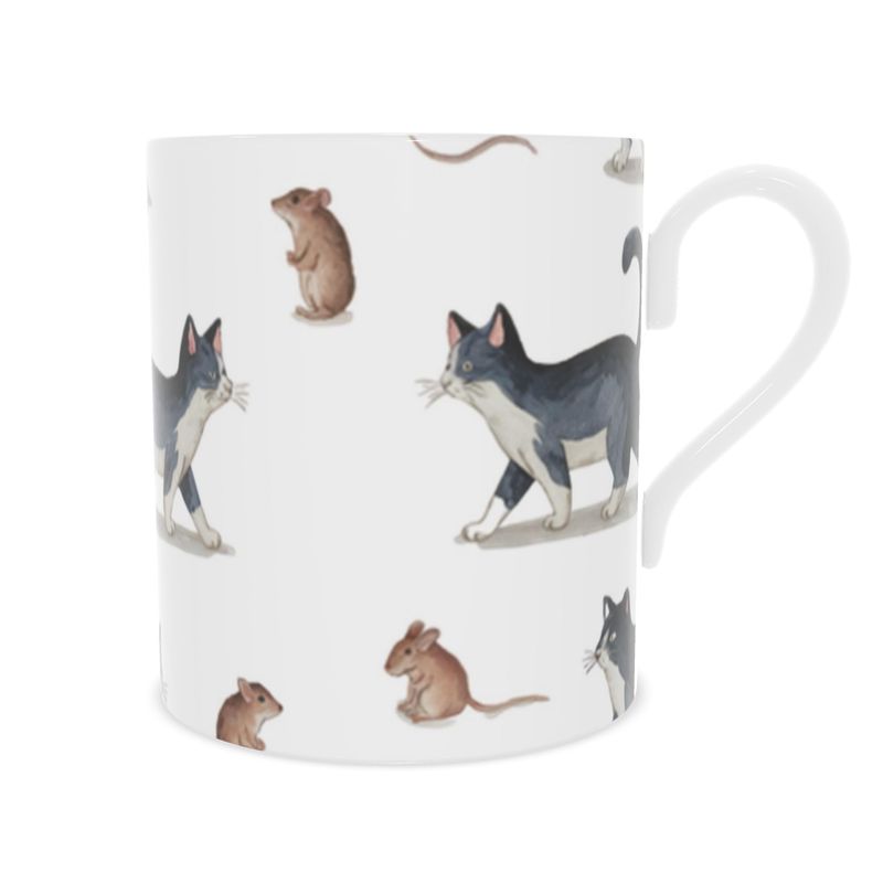 Playful Cat and Mouse Fine Bone China Mug - Whimsical Gift for Cat Lovers