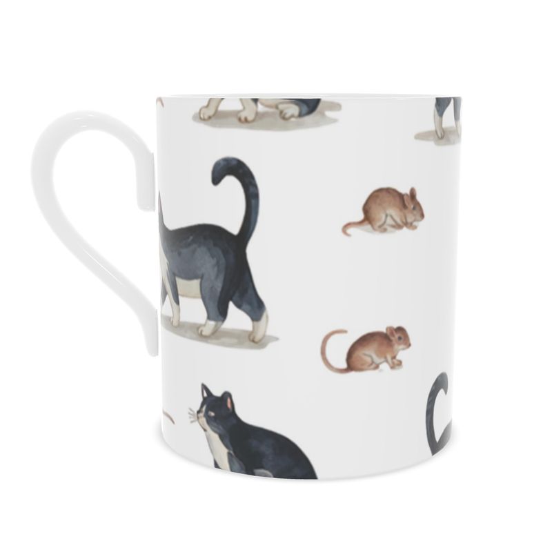 Playful Cat and Mouse Fine Bone China Mug - Whimsical Gift for Cat Lovers