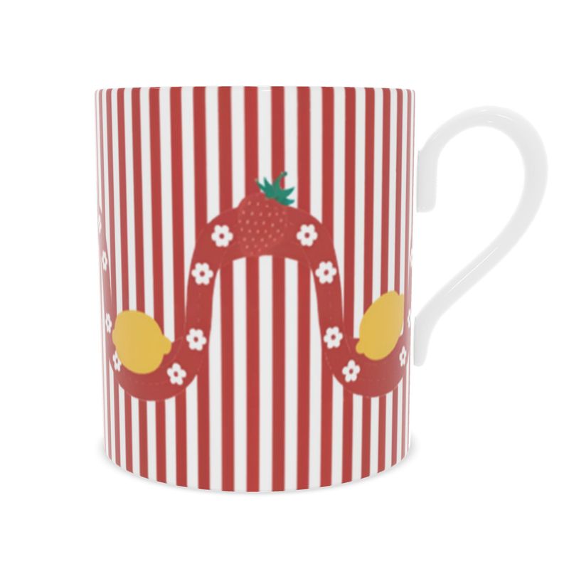 Vibrant Citrus Fruit Mug with Red Stripes - Elegant Bone China