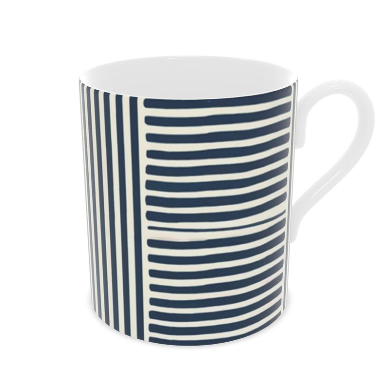 Elegant Blue Striped Coffee Mug - White Bone China Cup - Luxury Tableware