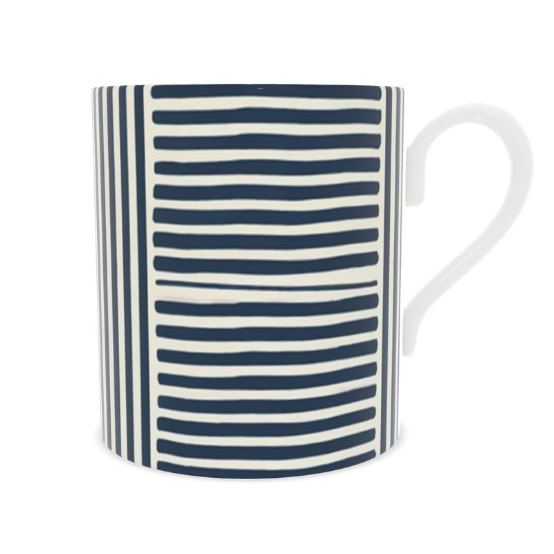 Elegant Blue Striped Coffee Mug - White Bone China Cup - Luxury Tableware