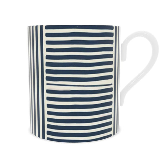 Elegant Blue Striped Coffee Mug - White Bone China Cup - Luxury Tableware