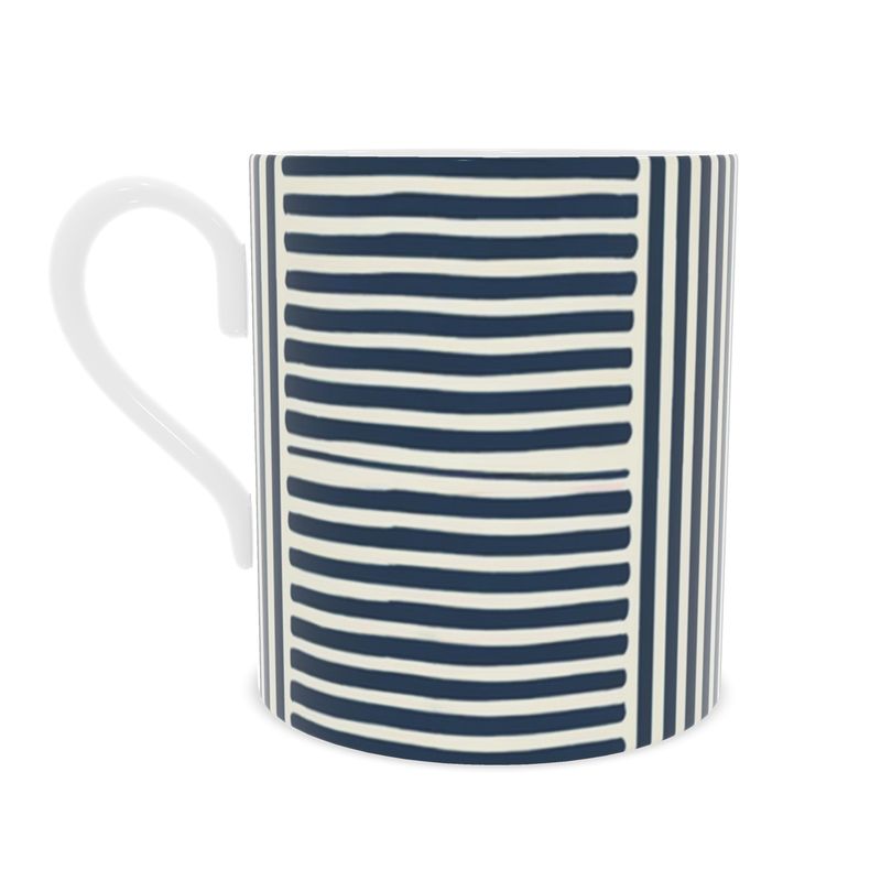 Elegant Blue Striped Coffee Mug - White Bone China Cup - Luxury Tableware