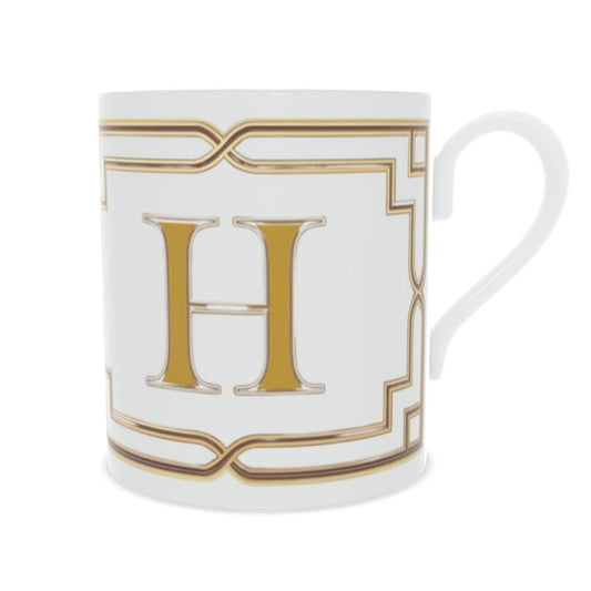 Fine Bone China Mug with Letter H Design in Chic White and Gold