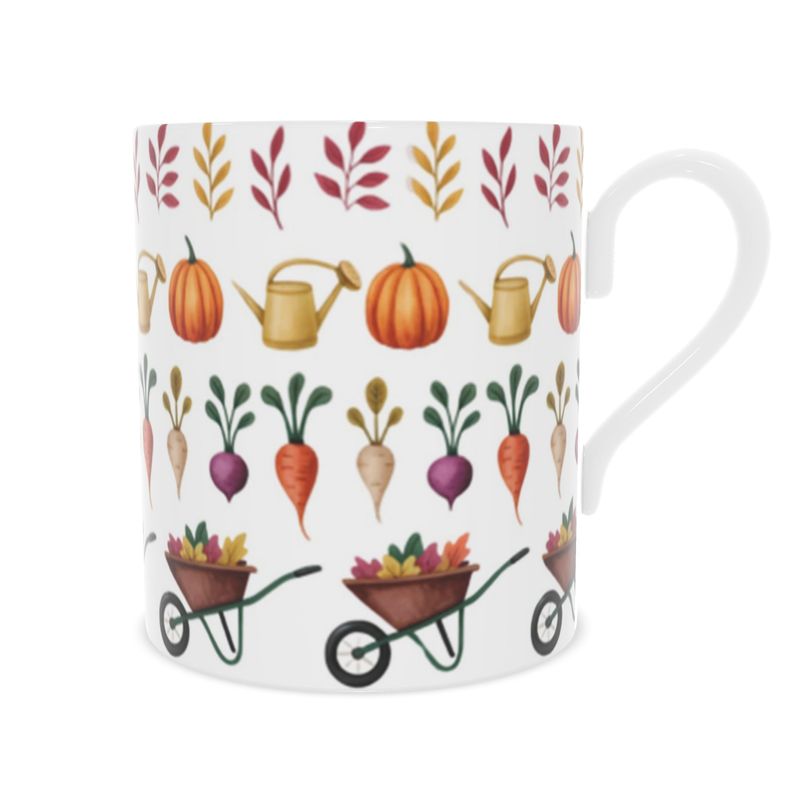 Elegant Bone China Mug with Autumn Garden Illustration - Gift for Gardeners
