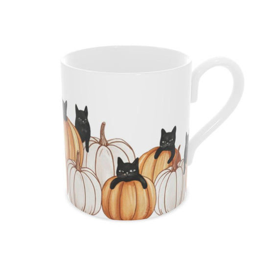 Halloween Black Cats and Pumpkins Bone China Mug - Spooky Kitchen Decor