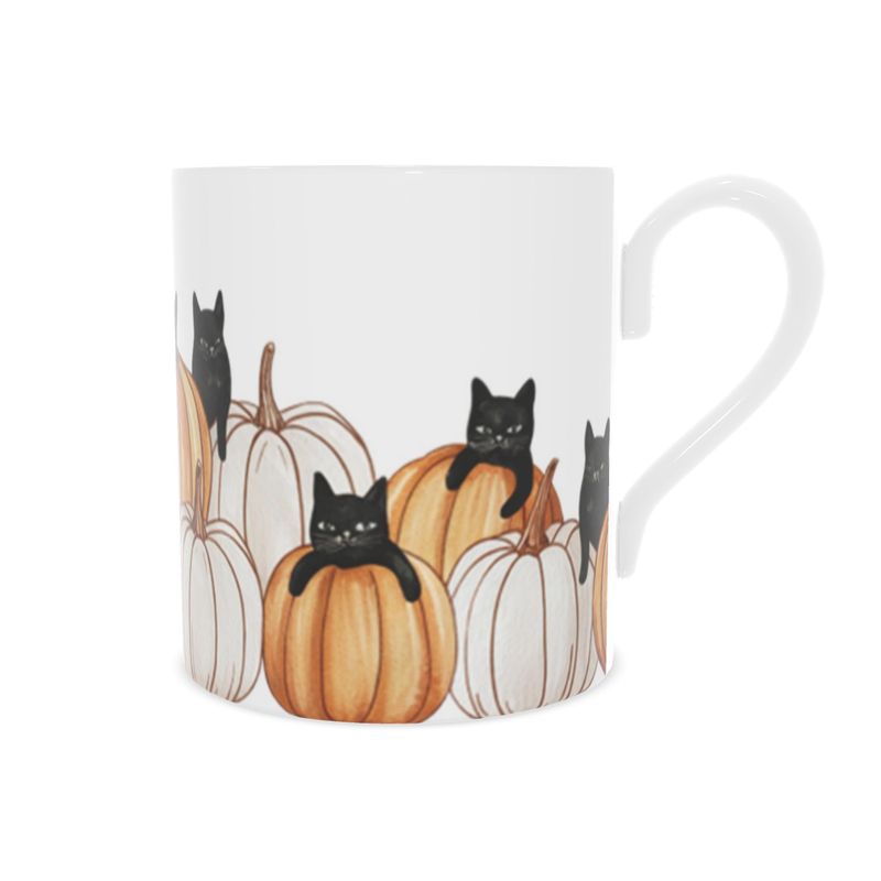Halloween Black Cats and Pumpkins Bone China Mug - Spooky Kitchen Decor