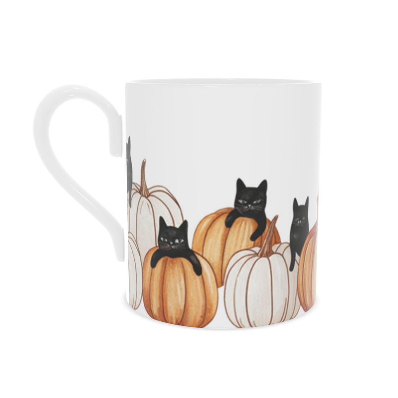 Halloween Black Cats and Pumpkins Bone China Mug - Spooky Kitchen Decor