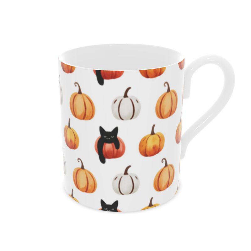 Vintage Style Bone China Mug with Halloween Black Cats and Pumpkins
