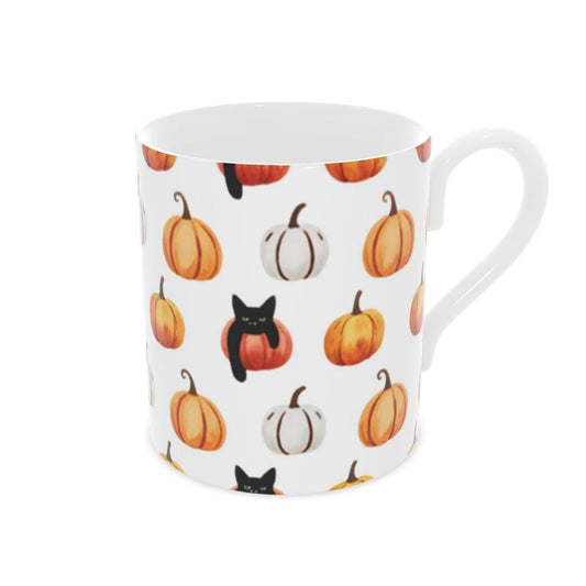Vintage Style Bone China Mug with Halloween Black Cats and Pumpkins