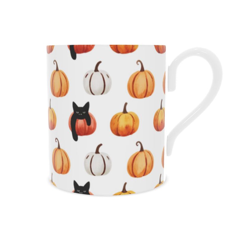 Vintage Style Bone China Mug with Halloween Black Cats and Pumpkins