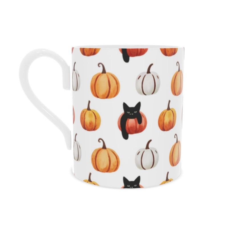 Vintage Style Bone China Mug with Halloween Black Cats and Pumpkins