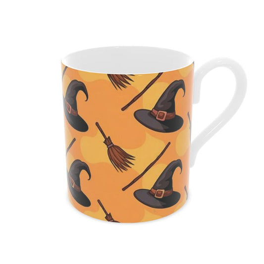 Halloween Witches Hats and Broomsticks Bone China Mug - Spooky Tea Cup