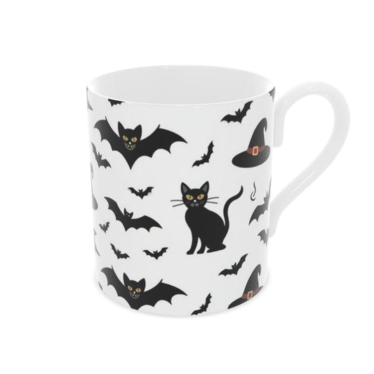 Halloween Mug - Black Cats & Bats Design on Bone China
