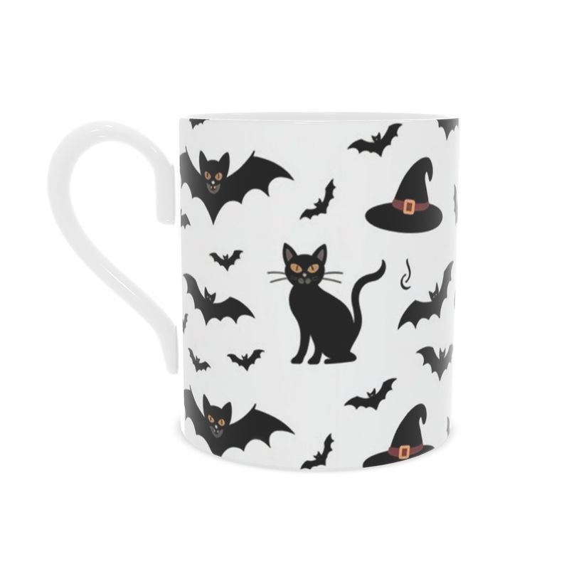 Halloween Mug - Black Cats & Bats Design on Bone China