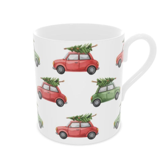 Vintage Style Mini Cars and Christmas Trees Bone China Mug - Gift for Car Lovers